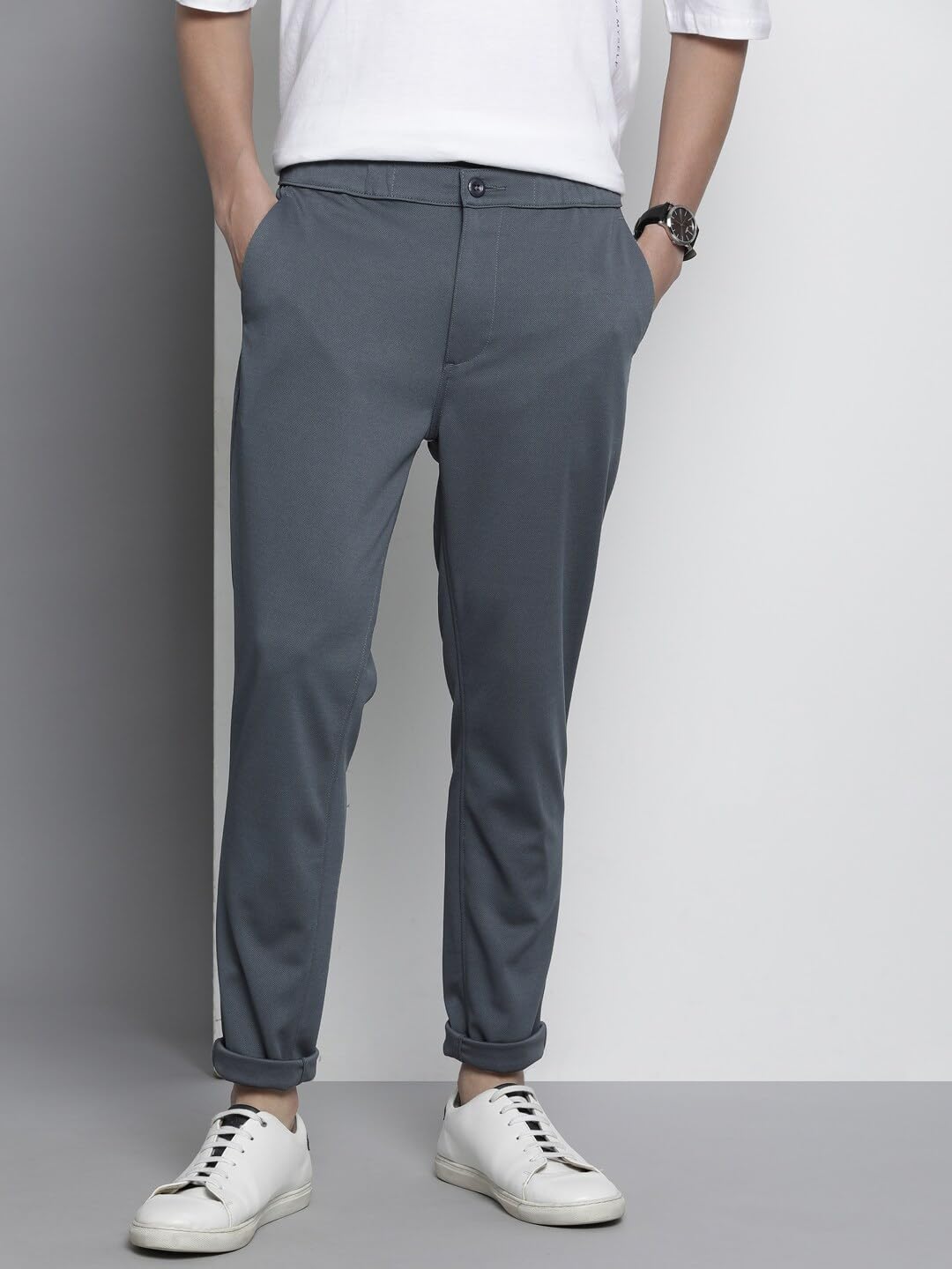 The Indian Garage Co Men Slim Fit Solid Mid-Rise Stretchable Knitted Jogger Trousers Steel Grey