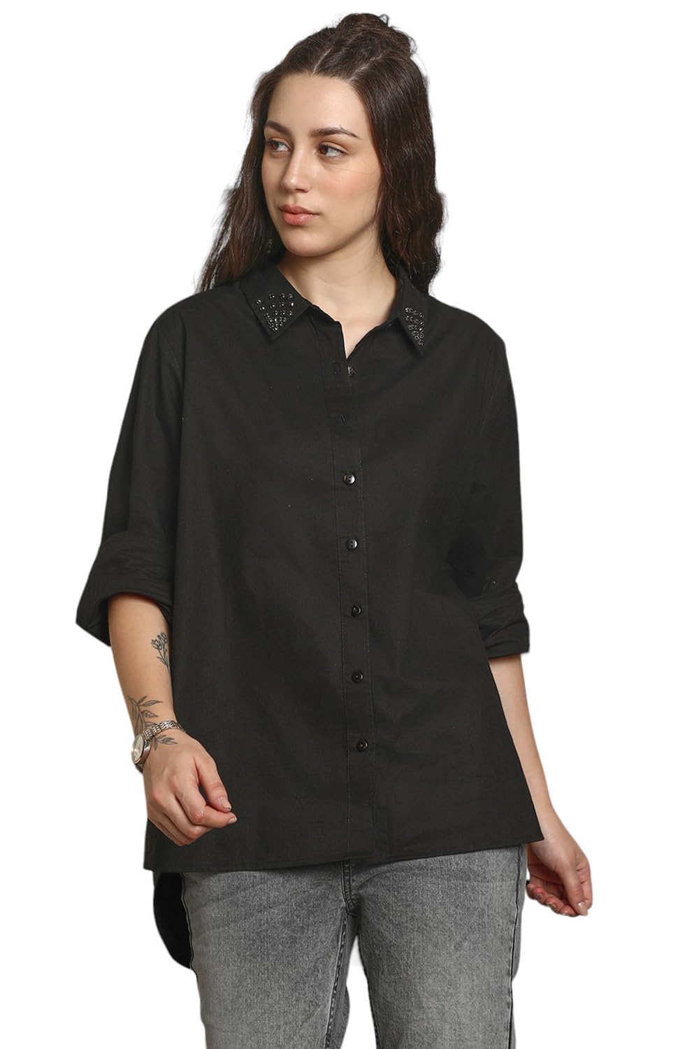 High Star WomenS Oversized Fit Shirt (Hswshs2434_Jun_Black