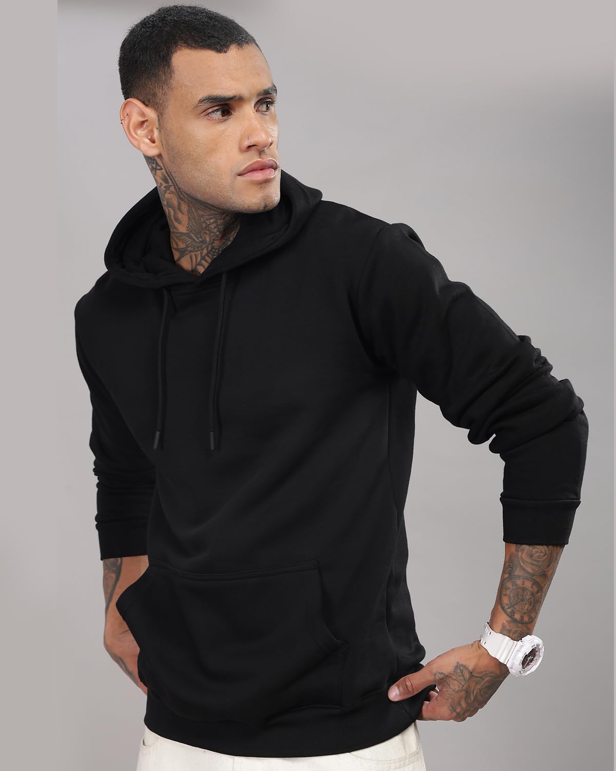 ADRO Men's Cotton Neck Hooded Sweatshirt (H24-M-PLN-BL_Black