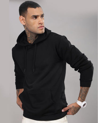 ADRO Men's Cotton Neck Hooded Sweatshirt (H24-M-PLN-BL_Black
