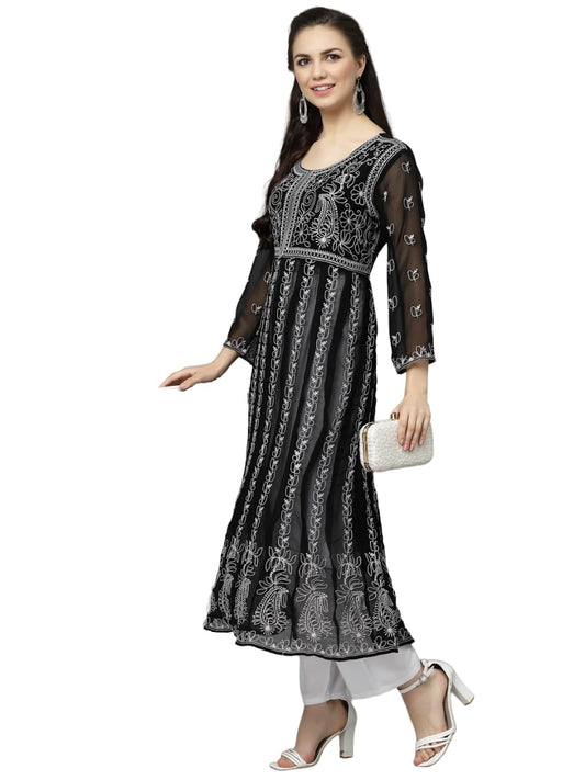 Yashika Women's Chanderi Women Chikankari Long Sleeve Embroidered Anarkali Nayra Kurta(Ys-K1112)