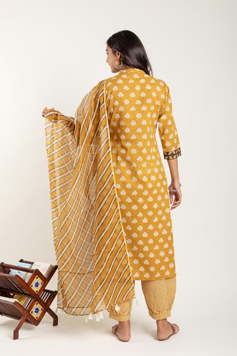 Lookmark WomenS Printed Cotton Blend Straight Kurta Afghani Pant Dupatta Set - Ethnic Elegance Embodied | Perfect Fusion Of Tra