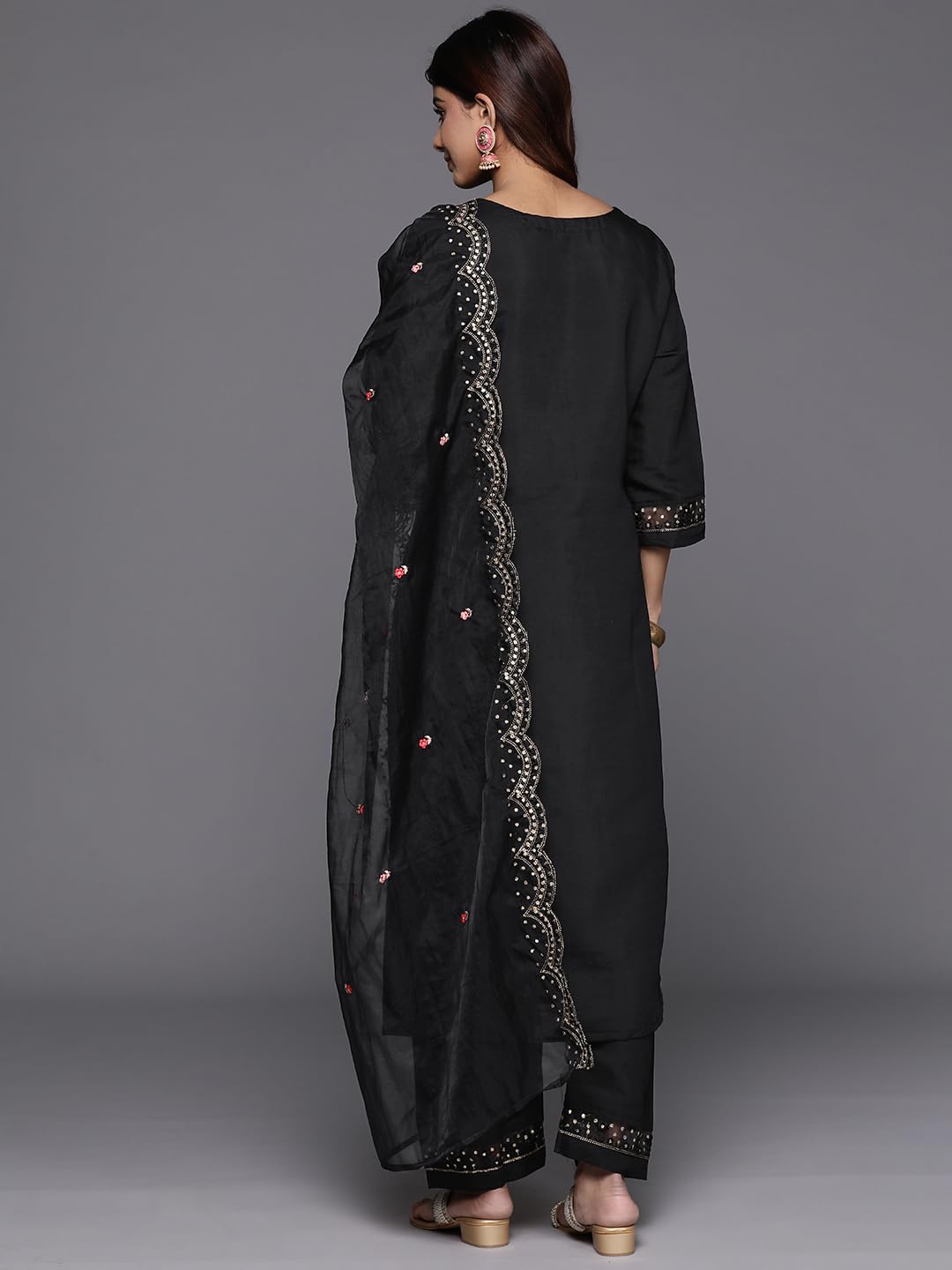 VARANGA Women Black Thread And Sequins Embroidered Kurta With Bottom And Dupatta