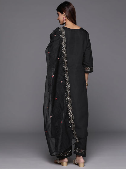 VARANGA Women Black Thread And Sequins Embroidered Kurta With Bottom And Dupatta