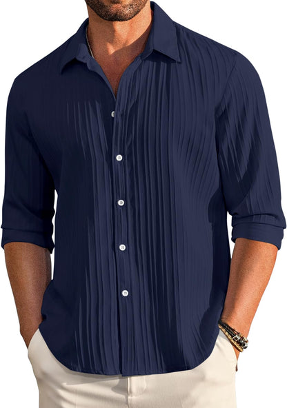 Finivo Fashion MenS Casual Cotton Plain Button Down Shirt Long Sleeve Textured Summer Beach Shirt For Men Navy