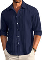 Finivo Fashion MenS Casual Cotton Plain Button Down Shirt Long Sleeve Textured Summer Beach Shirt For Men Navy