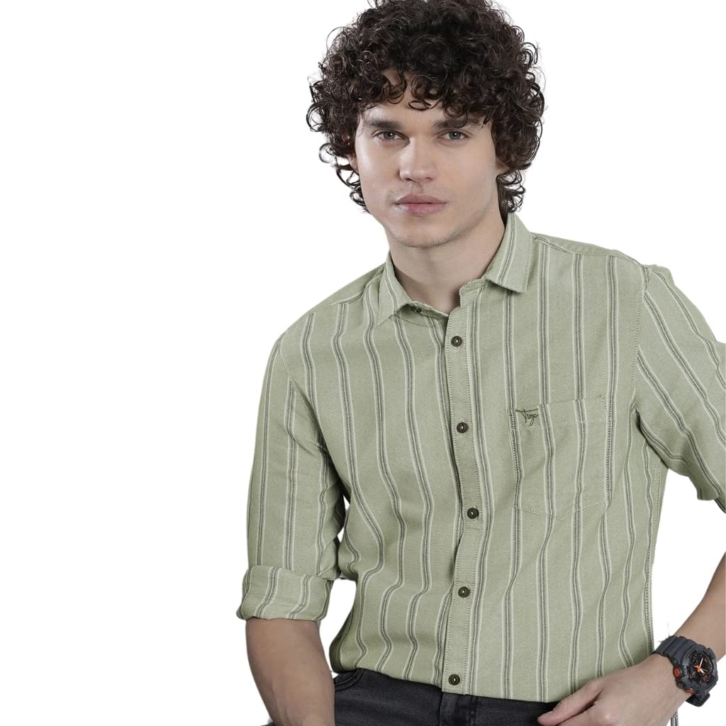 The Indian Garage Co Men Green Striped Slim Fit Cotton Casual Shirt