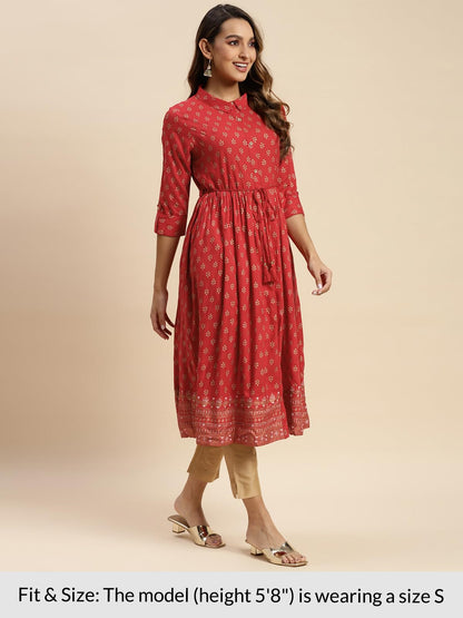 rangita Red Rayon Calf Length Printed Flared Kurti for Women | Kurta for Women