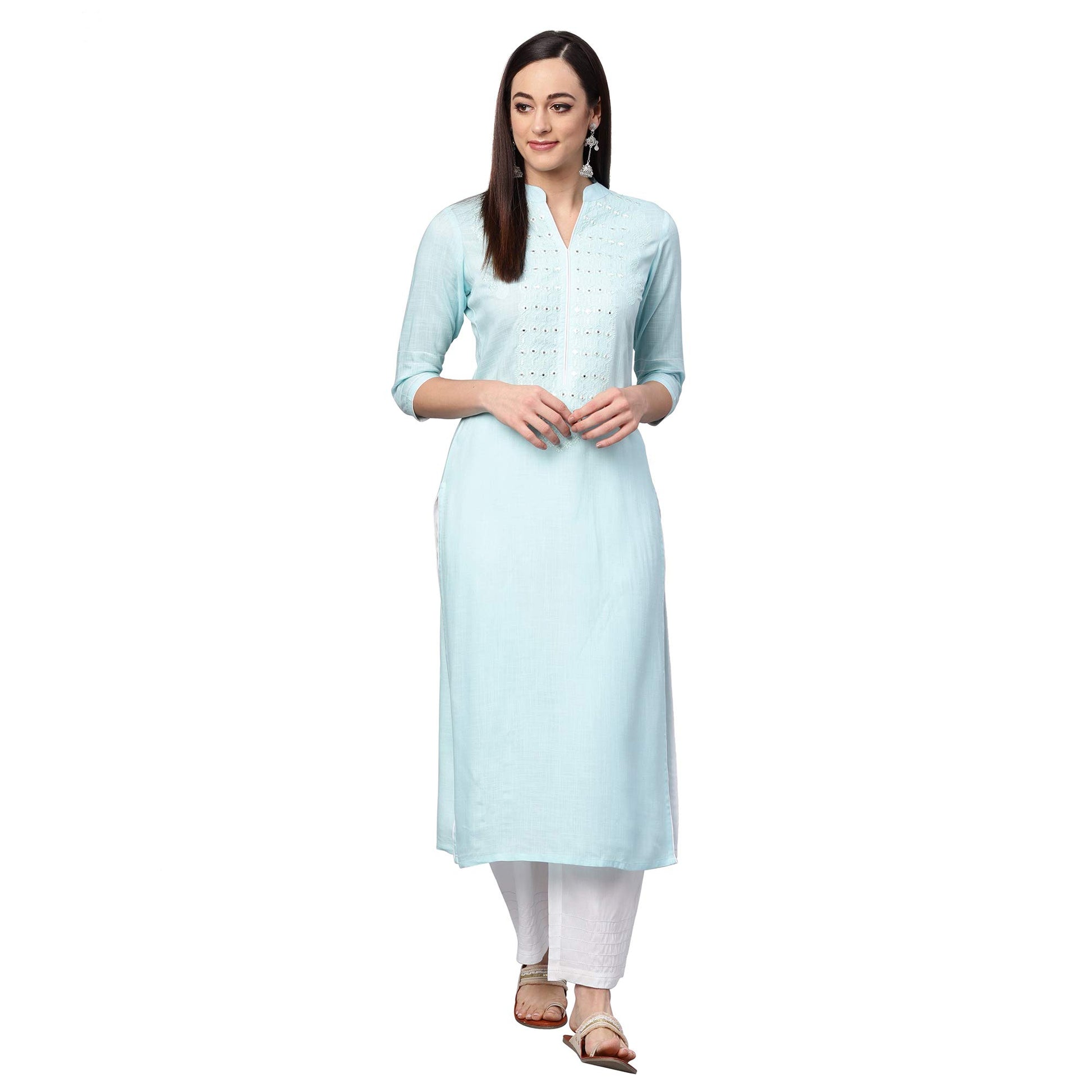 Idalia Sky Blue Embroidered Kurta With White Palazzo Pants