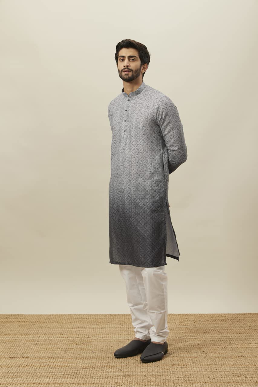 Manyavar Grey Blended Viscose Printed Full Sleeves Kurta