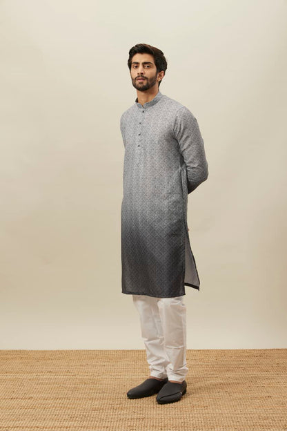 Manyavar Grey Blended Viscose Printed Full Sleeves Kurta