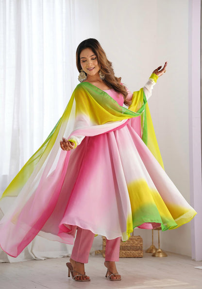 GoSriKi Georgette Anarkali Kurta with Trousers & Dupatta, Size 36, Pink, Model SADE-CLRS-GS