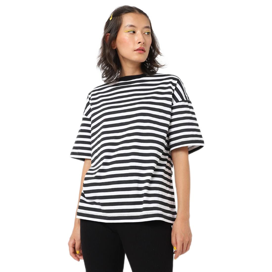 Bewakoof Womens Minion Striped Stripe White Half Sleeve Round Neck T-Shirt