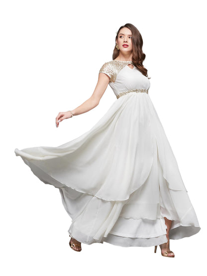 Miss Chase Womens Keyhole Neck Short Sleeve Embellished LayeGeorgette Maxi Dress (MCAW22D99-88-LMF-02, Oat White, XS)