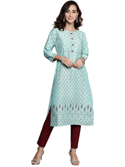 Libas Blue Printed Chanderi Silk Straight Kurta