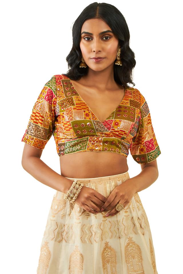 Soch Womens Mustard Tussar Sequin Embroidered V-Neck Back-Open Blouse