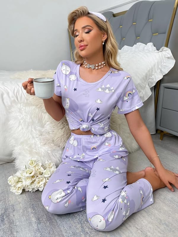 SMOWKLY Womens Cartoon Print Pyjama Set  Round Neck Short Sleeve Top & Pajama | Soft Cotton Blend Night Suit, Nightwear & Lounge