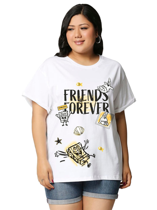 Bewakoof Official Spongebob Merchandise Spongebob Womens Graphic Print Boyfriend Fit Half Sleeve Round Neck Cotton Plus Size T-