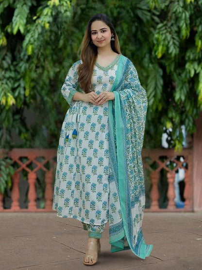 Pinkmint WomenS Hevy Cotton Blend Sky Kurta Set L Stitched Printed Dupatta Set L Stylish Women Festival Dress (Pack Of 1)