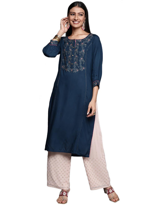 Libas Blue Printed Rayon Straight Kurta