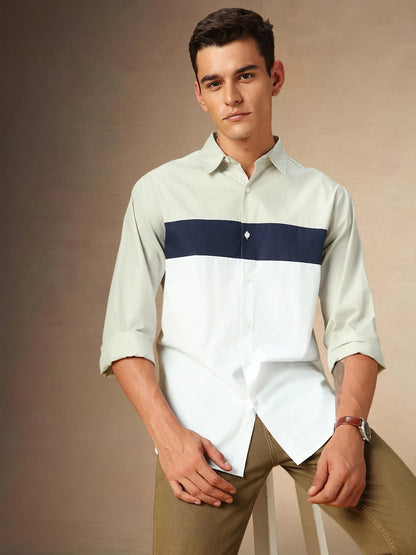 Dennis Lingo Men Colorblock 100% Cotton Regular Fit Full Sleeves Shirts Beige