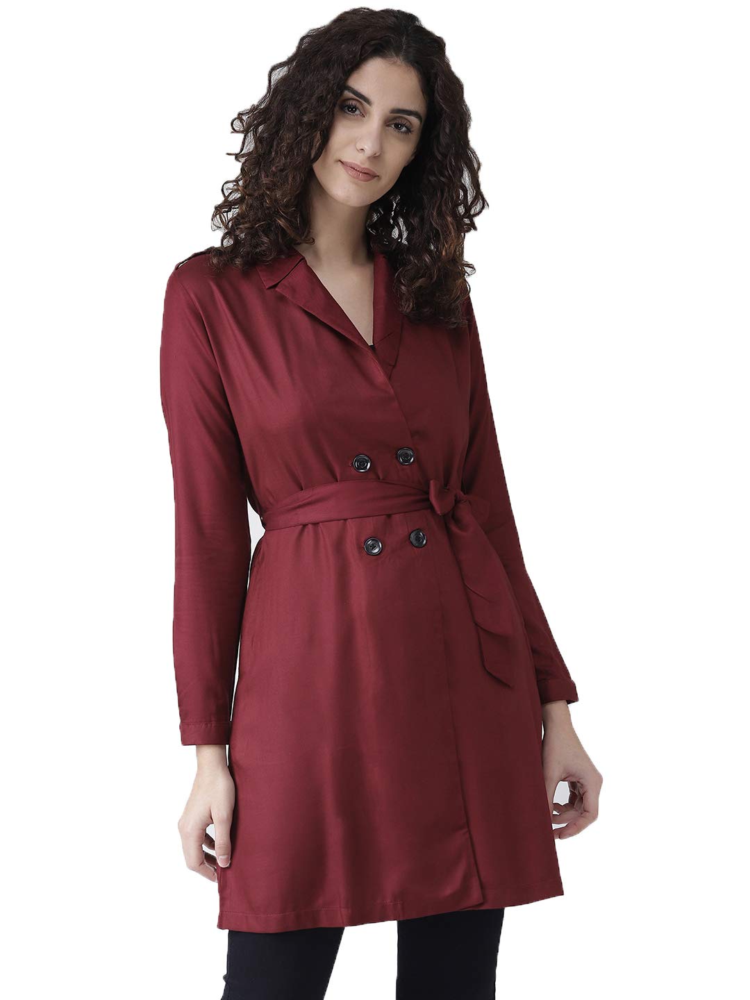 Style Quotient Women Solid Maroon viscose rayon smart casual Trench Coat