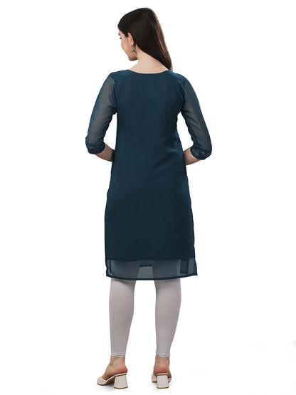 Fashion2Wear WomenS Georgette Kurti With Notch Neck 3/4Th Sleeves Knee Length Solid Pattern Chikankari Embroidery Work And Regu