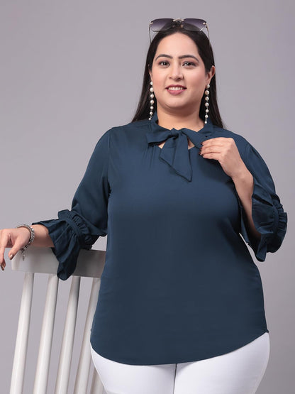 Style Quotient Women Navy Smart Tie-Up Neck Plus Size Top