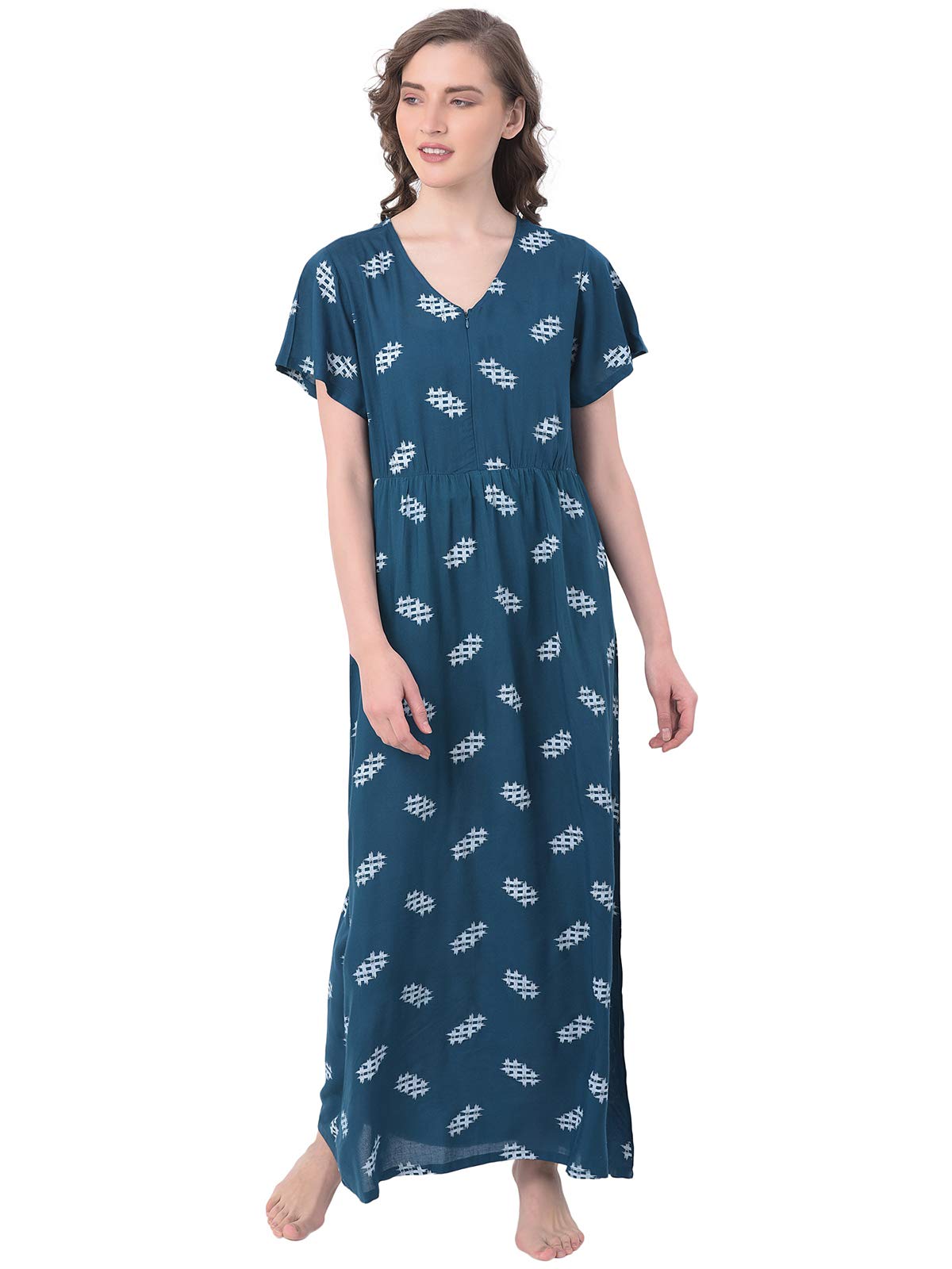 Clovia Womens Cotton Floral Floor Length Nighty (NS1313P36S_Blue_S)