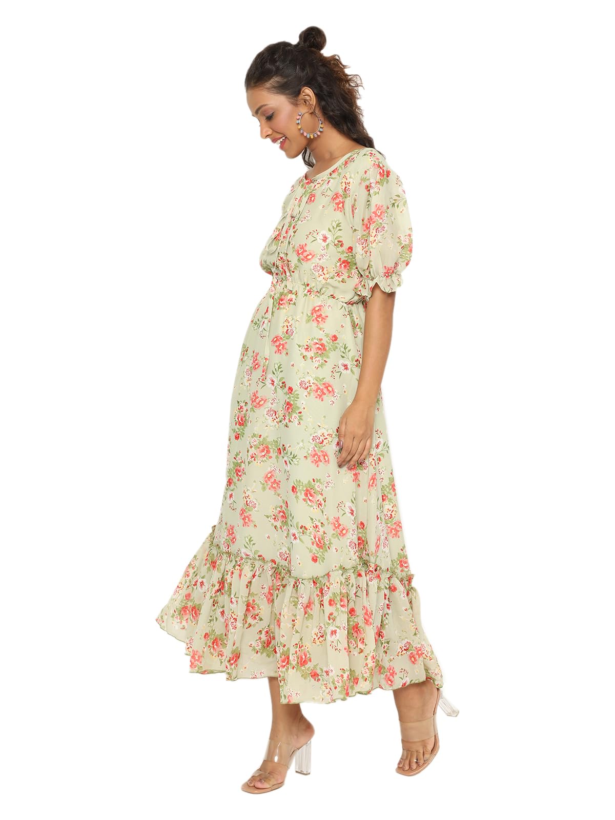 Avanova Georgette Pista Green Round Neck Maxi Western Dresses For Women
