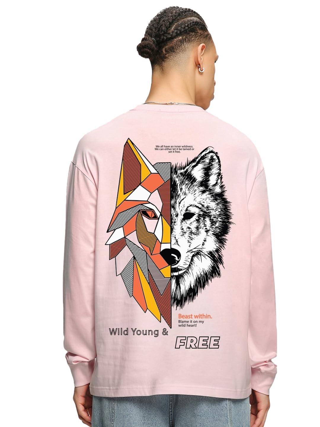 Bewakoof Mens Graphic Printed Oversized Full Sleeve Round Neck Cotton T-Shirt_581507_Pink_S