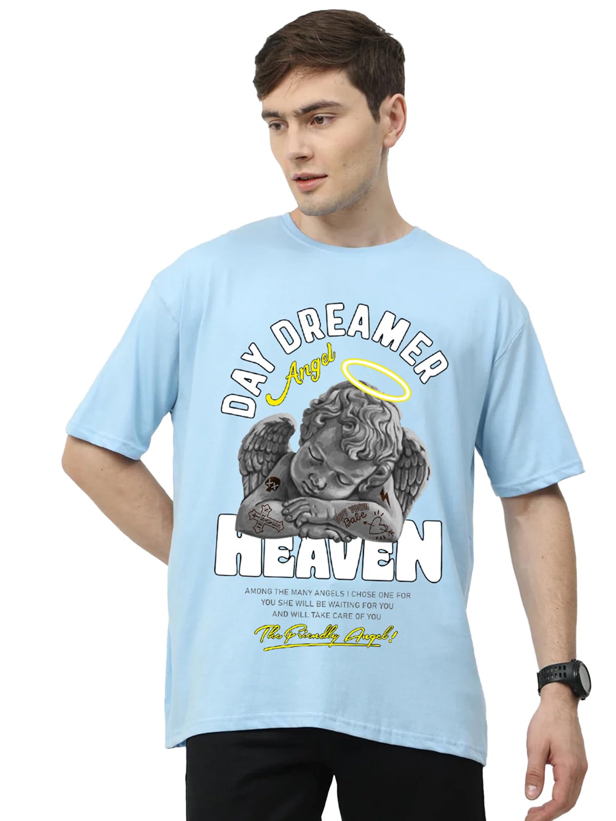 Veirdo Mens Oversized Loose Baggy Fit Drop Shoulder Round Neck Short Sleeve Graphic Printed Cotton T-Shirt Sk