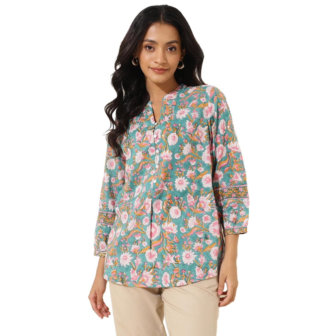 Fabindia WomenS Printed Regular Fit Tunic (1037687Blue- Blue-Pink