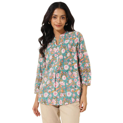 Fabindia WomenS Printed Regular Fit Tunic (1037687Blue- Blue-Pink