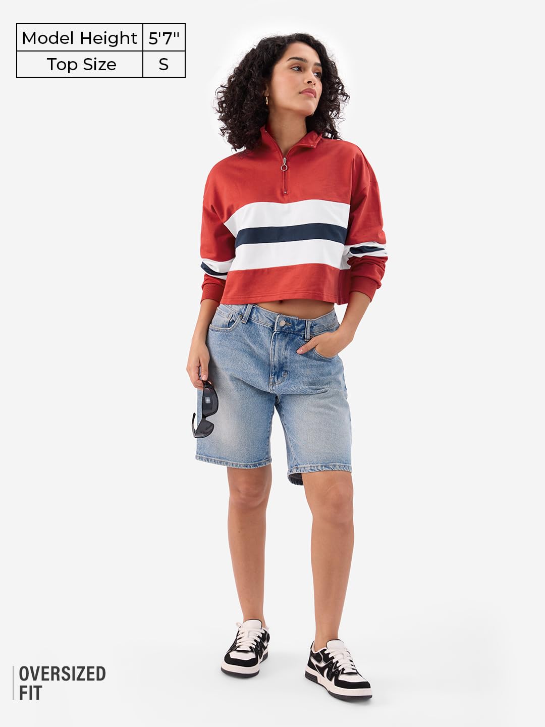 The Souled Store Solids: Red and Off White Women and Girls Long Sleeves High Neck Cotton Oversized Cropped Polos