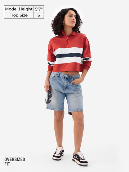 The Souled Store Solids: Red and Off White Women and Girls Long Sleeves High Neck Cotton Oversized Cropped Polos