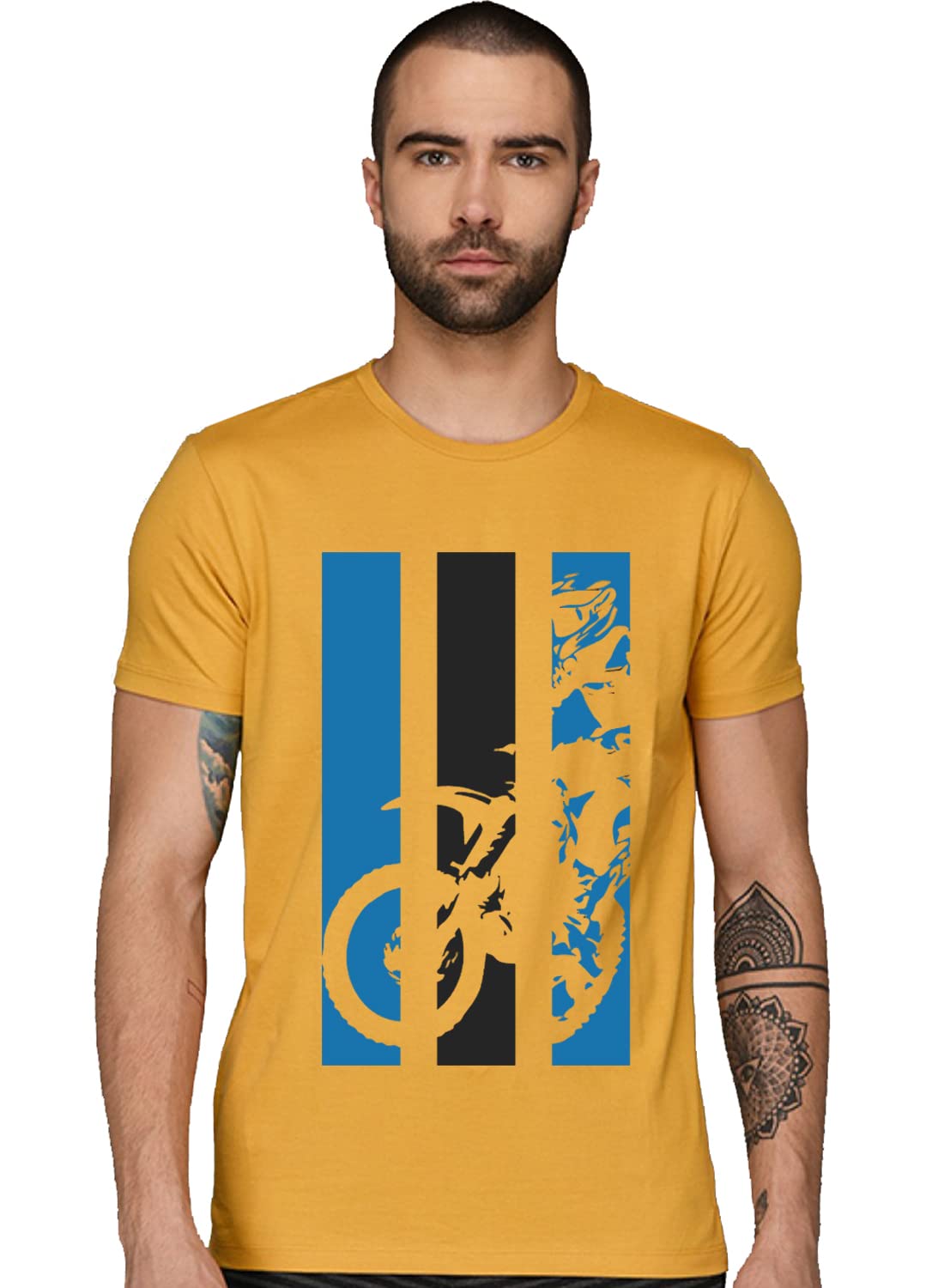 ADRO Men's Bike Rider Printed Cotton T-Shirt (RN22-2-BIK-MU_Mustard)