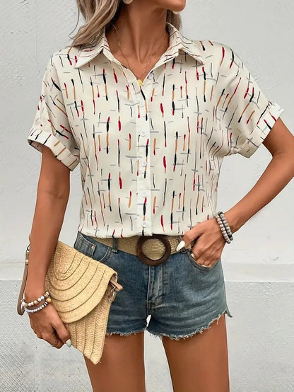 Gufrina WomenS Short Sleeve Button Down Shirt With Abstract Brushstroke Print In Beige And Multicolor - Lightweight Casual Summe