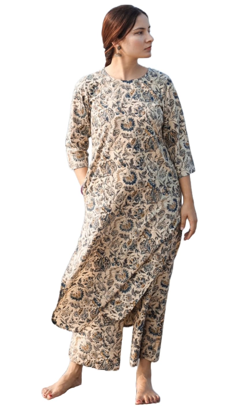 ANNI DESIGNER Ladies Rayon Printed Kurta with Trousers, cream, S