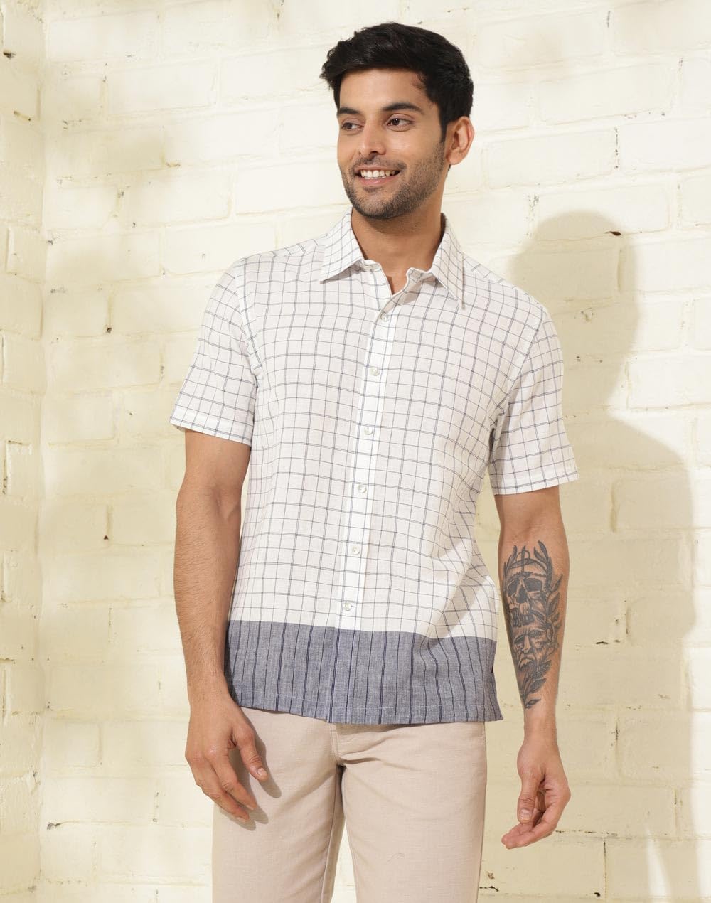 Fabindia Men's Checks Straight Fit Shirt (1035526OFFWHITE_Off White