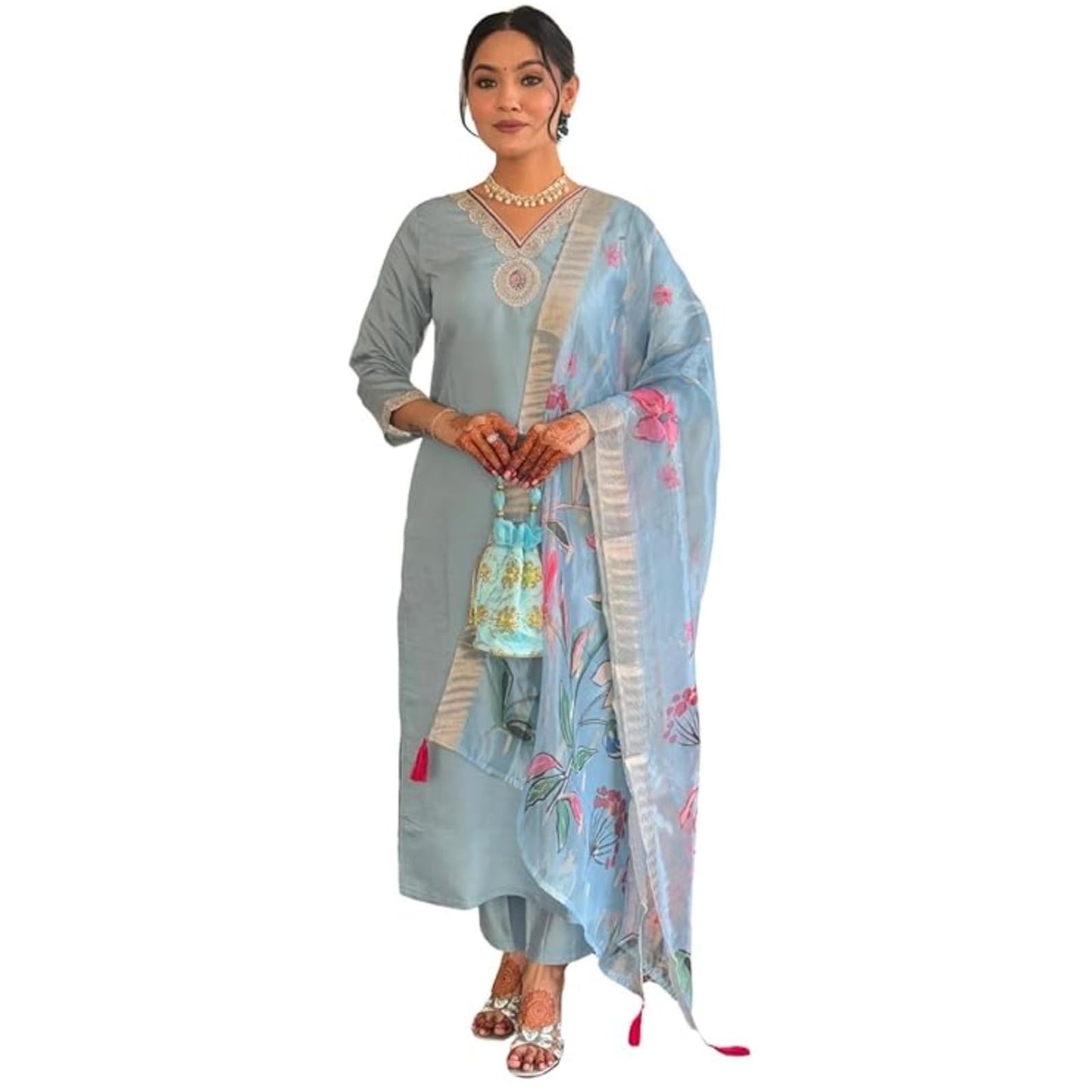 Naixa WomenS Grey Roman Silk Embroidered Straight Kurta With Roman Silk Pant And Organza Jacquard Dupatta Sets (Nx-M-Arya-Grey-