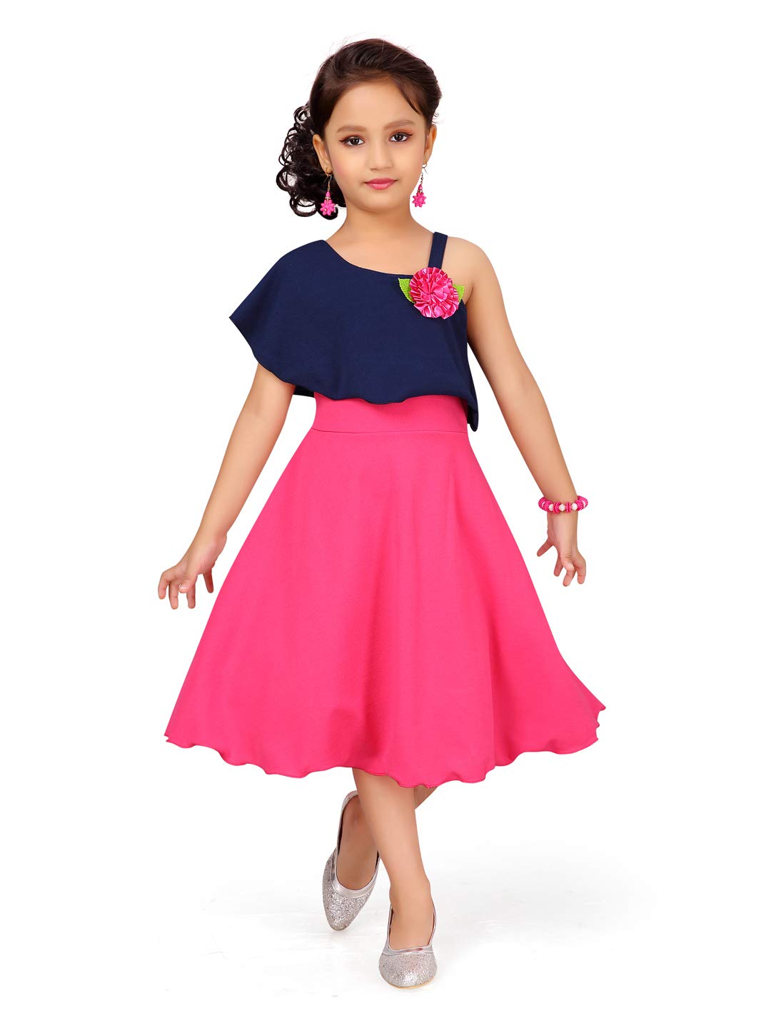 Aarika Girl's Cotton Skater Knee-Length Dress (JN_DR-1511_Blue-Pink