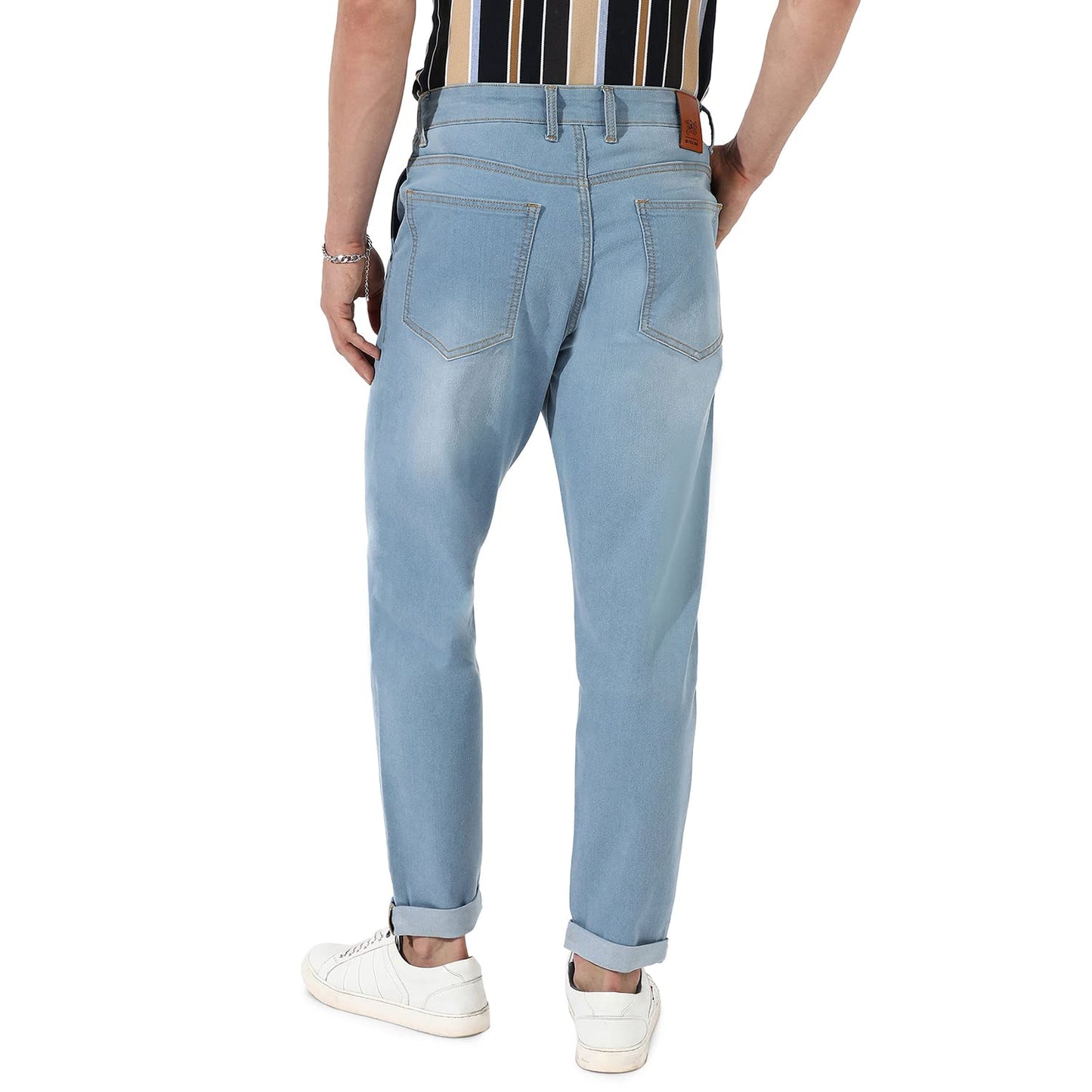 Campus Sutra Mens Light Blue Light-Wash Carrot Fit Denim Jeans | Stretchable Cotton Mid-Rise Denim Jeans Crafted with Comfort F