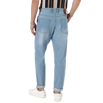 Campus Sutra Mens Light Blue Light-Wash Carrot Fit Denim Jeans | Stretchable Cotton Mid-Rise Denim Jeans Crafted with Comfort F