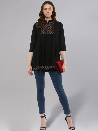 Idalia Womens Ethnic Wear Black Cotton Tunic Tops For Women Fashion