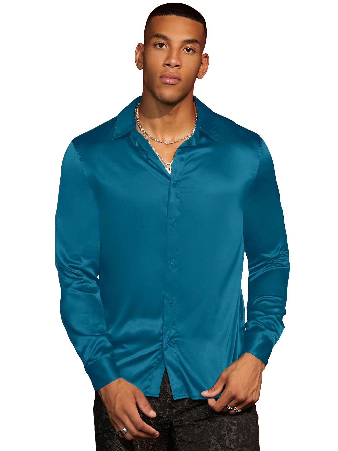 AVANOVA Mens Stylish Imperial Blue Solid Satin Silk Casual Button Down Shirts Long Sleeve Shirt for Men Full Sleeves (Shirt 193