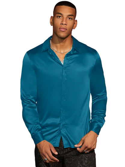 AVANOVA Mens Stylish Imperial Blue Solid Satin Silk Casual Button Down Shirts Long Sleeve Shirt for Men Full Sleeves (Shirt 193