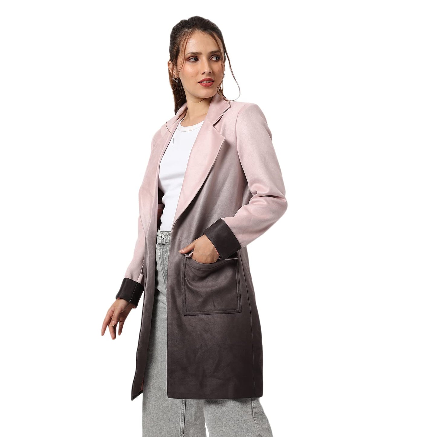 Campus Sutra Womens Dusky Pink & Brown Regular Fit Long Coat For Winter Wear | Collar Neck | Full Sleeve | Buttoned | Casual Ja