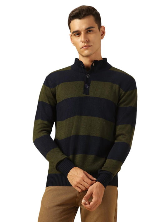 Dennis Lingo Men Regular Fit Acrylic Striped Full Sleeves Mock Collar Pullover Sweater Navy Blue