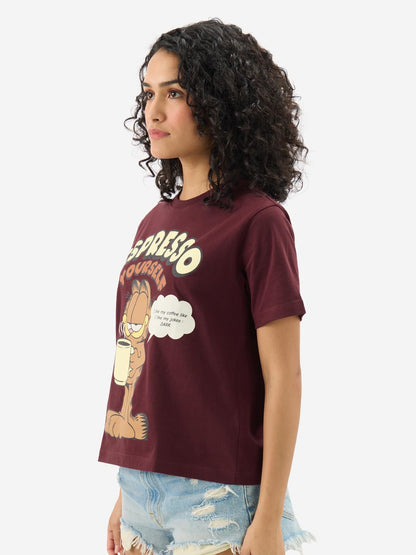 The Souled Store Official Garfield: Espresso Women and Girls Short Sleeves Round Neck Maroon Graphic Printed Regular Fit Cotton